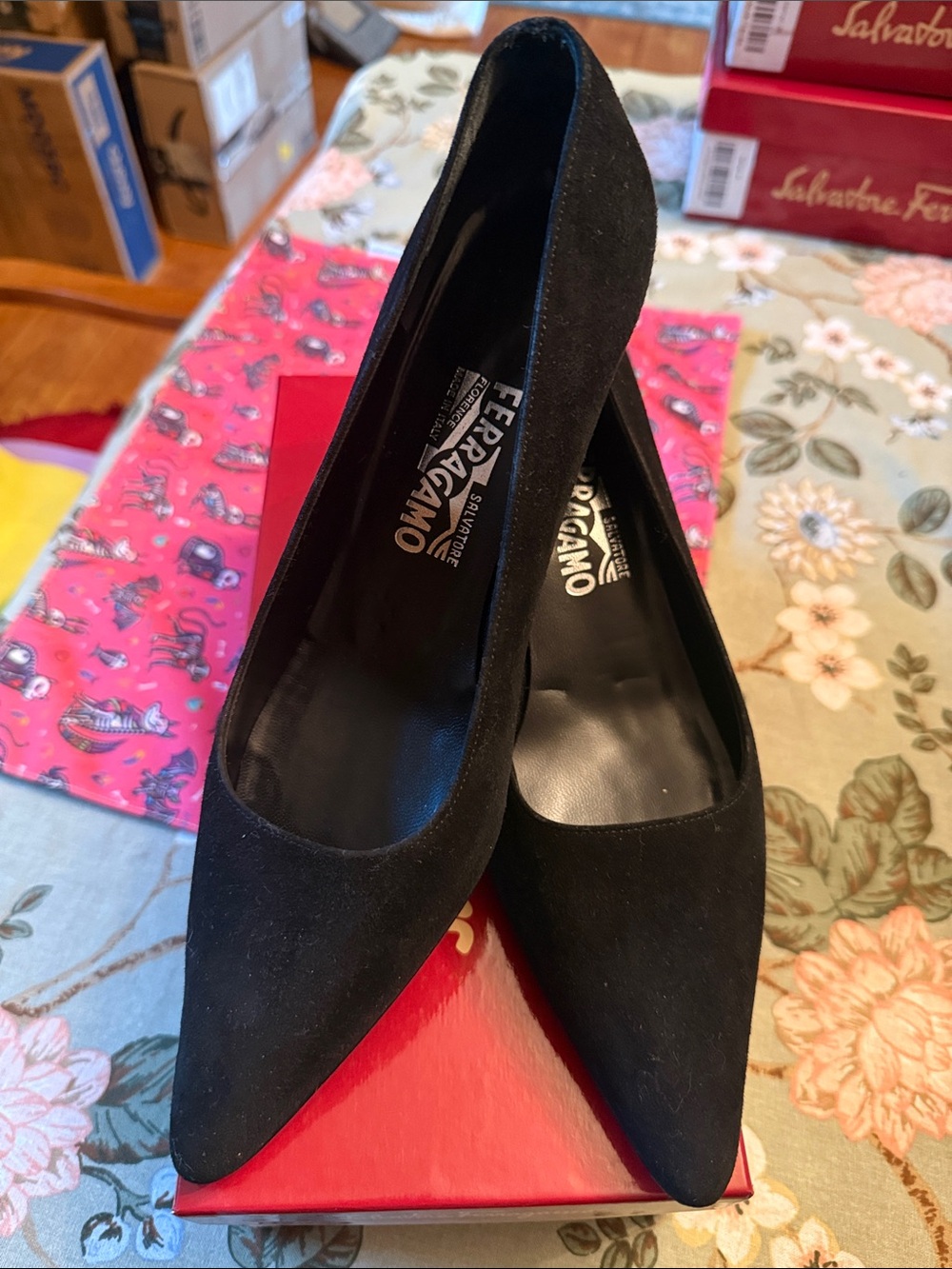 Salvatore Ferragamo Black Suede Pointed-Toe Pumps